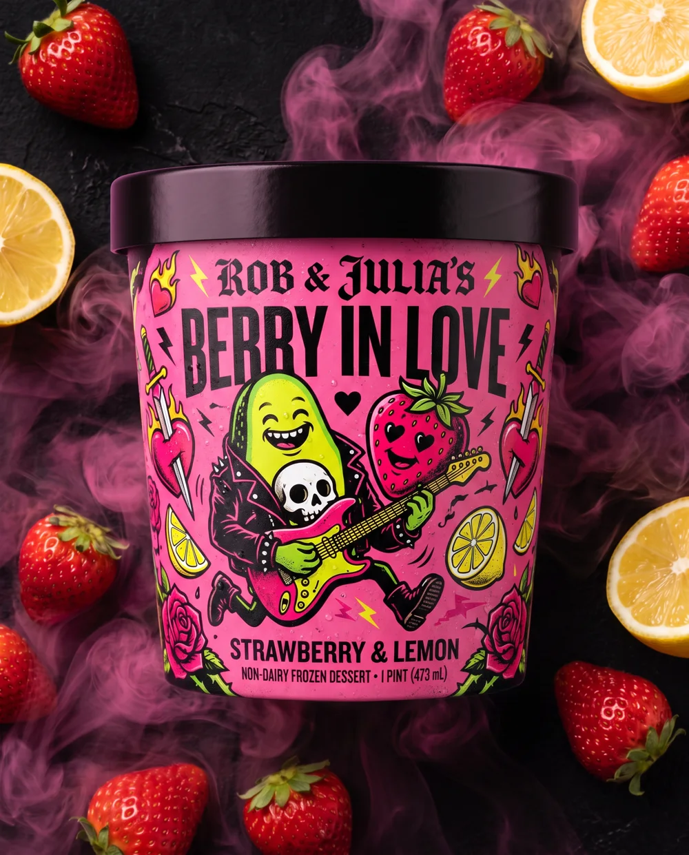 Berry in Love pint: a punk avocado with a skull on its jacket serenades a strawberry on guitar