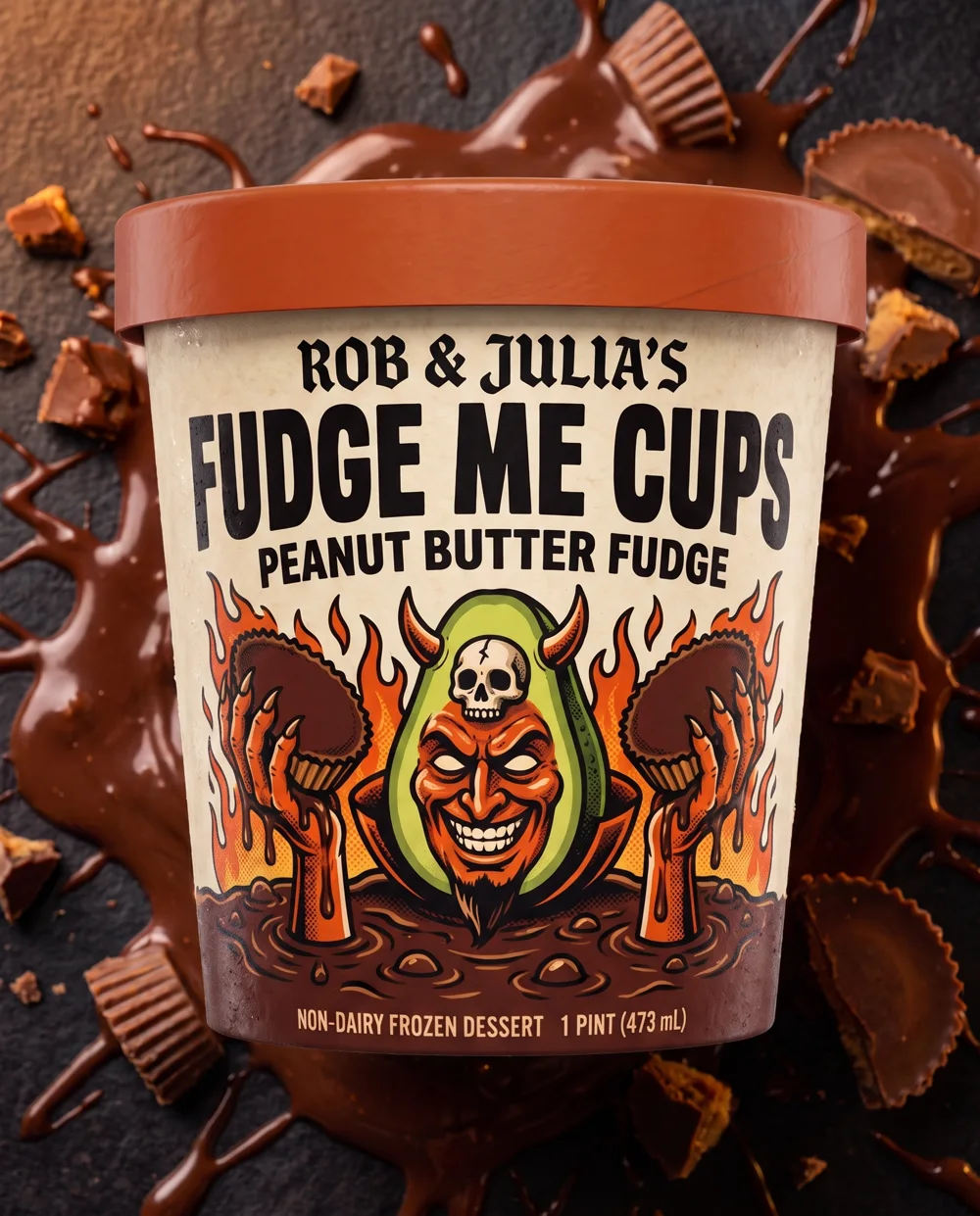 Fudge Me Cups pint: a devil avocado rises from a fudge swamp clutching peanut butter cups